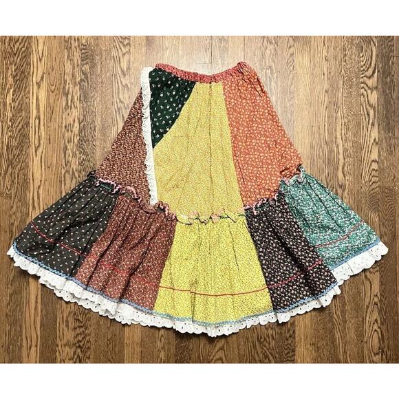 Vintage 1970s Patchwork Wrap Skirt Ruffle Trim Maxi 24-26” Hippie French Creek